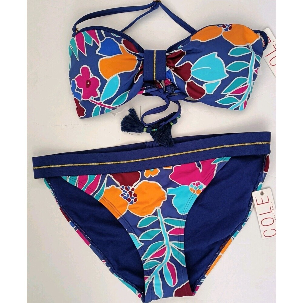 Cole of California 2 Piece Bikini Set Size Large Blue Orange Tropical Print New